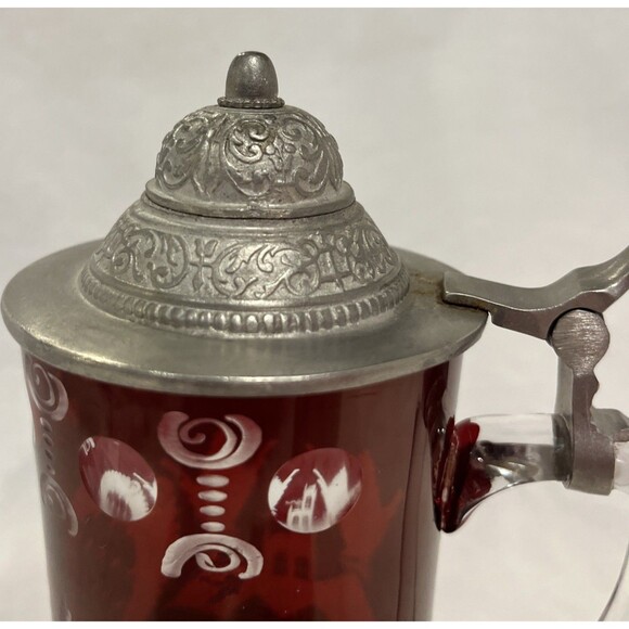 Egermann Bohemian Ruby Cut Glass Stein Pewter Lid Beer Tankard Deer Stag Czech - Picture 6 of 13